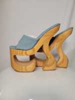 Sandales mules en jean bleu clair pour femme, à talon haut sculpté en bois, plateforme, ornées de dentelle, chaussures de soirée décontractées et avant-gardistes