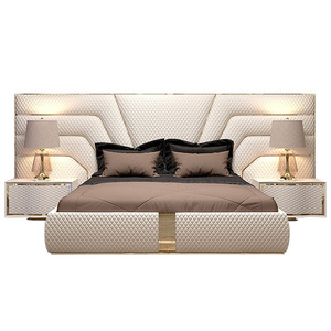 MR Luxury Lit en bois à écran large en cuir véritable Villa Chambre à coucher principale Cadre de lit double king pour la maison Mobilier d'hôtel - Product Image 6