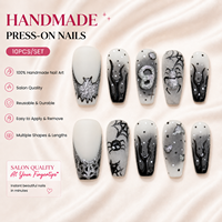 Lot de 10 faux ongles Halloween, argentés, effet fumé, gothiques, araignée 3D, faits main, à presser, forme cercueil moyenne, vente en gros