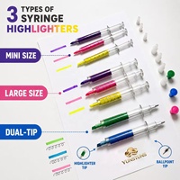 Stylo bille double-embout fantaisie promotionnel multicolore en forme de seringue avec pointe oblique et marqueur surligneur