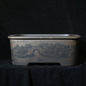 Zisha Rectangular Bonsai <b>Pot</b> Handmade Wood-Fired Carved <b>Tree</b> Stump Design Antique Style Planters - Product Image 2
