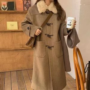 Korean Style Women's Wool Coat Mid Length Over The Knee High End Duffle Coat Camel Color With Pocket - Product Image 3