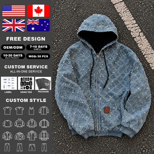 Blouson à capuche zippé en jean épais délavé à l'acide, personnalisé, unisexe, vintage, avec broderie 3D de perles et strass, pour homme - Product Image 2