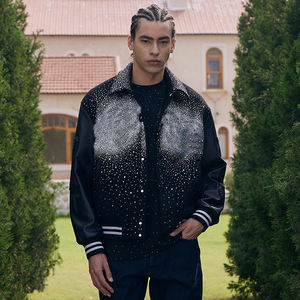 Blouson d'aviateur clouté bling zippé à strass avec diamants pour extérieur surdimensionné personnalisé pour hommes vestes en cuir manteaux - Product Image 1