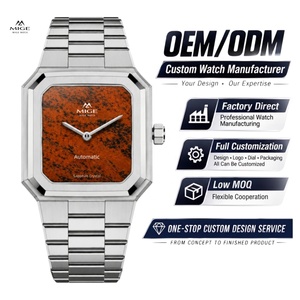 Montre mécanique automatique minimaliste carrée personnalisée OEM ODM, luxe, cadran en agate rouge naturel, montre vintage, acier inoxydable, saphir - Product Image 1