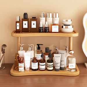 Double-layer cosmetic storage rack made of sturdy bamboo, odorless bookshelf, storage rack, office and home cup holder - Product Image 4