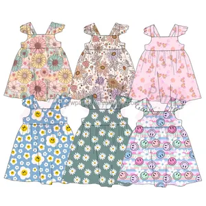 New Style Sprint Baby Girl Floral Twirl Dress Custom Print Summer Flutter Sleeve Kids Pleated Skirt.
