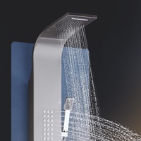 Colonne de douche multifonction en acier inoxydable avec pommeau pluie, jets latéraux, douchette à main et bec de baignoire, fixation murale