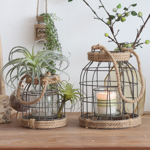 Bougeoir <span class=keywords><strong>en</strong></span> fil de <span class=keywords><strong>fer</strong></span> <span class=keywords><strong>forgé</strong></span> pour cour vintage Cage à bougie suspendue avec corde de chanvre Coupe <span class=keywords><strong>en</strong></span> verre à l'intérieur Bougeoir de style industriel - Product Image 5
