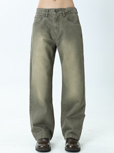 Pantalones Casuales Lavados A25ABJN5061 para Hombre, Estilo Americano Otoño Invierno, Retro, Carreras de Caballos, <span class=keywords><strong>Color</strong></span> <span class=keywords><strong>Caqui</strong></span>, Corte Recto Holgado, Frente Plano, Cintura Alta - Product Image 4