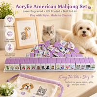 Mahjong américain de luxe en acrylique double couche rose et violet, 1,42 pouce, thème chats et chiens mignons, gravé au laser, imprimé UV, portable
