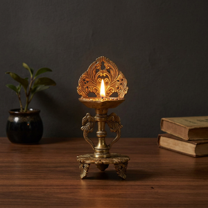 Gold Plated Brass Diya <b>Lamp</b> With Intricate Carving And <b>Elephant</b> Base For Prayer Use - Product Image 1