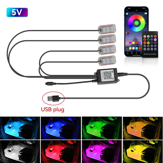 LED Automotive Interior RGB Decorative Lamp Foot Strip Light Kit Plastic Backlight Remote App Music Control