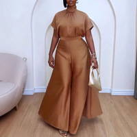 Ensemble deux pièces élégant en satin pour femme, haut à col montant et manches courtes avec nœud au dos et pantalon palazzo taille haute à jambes larges, faible MOQ
