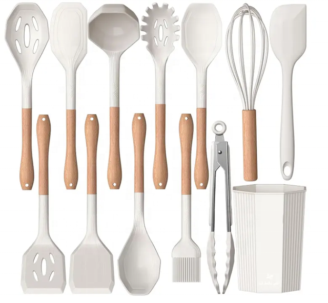 2024 New 13pcs Heat Resistant Silicone Kitchen Utensils Set Cooking Tools Kitchen Gadgets With Wooden Handle