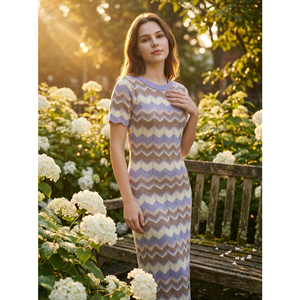 فستان ماكسي صيفي 2026 بنمط شيفرون محبوك للنساء بأكمام قصيرة وياقة دائرية وتصميم بوهيمي ضيق للشاطئ والإجازات - Product Image 2