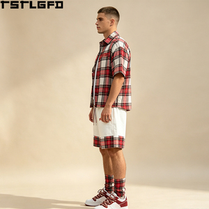 Cut And <b>Sew</b> Plaid Shirt <b>Set</b> Heavyweight Red White Checkered Top Panelled Shorts Streetwear Two Piece Co-Ord Bulk - Product Image 5