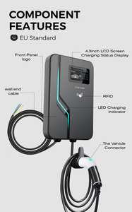 เครื่องชาร์จรถยน<span class=keywords><strong>ต</strong></span>์ไฟฟ้าแบบติดผนัง 7kW-22kW, 230V/400V ได้รับการรับรองมาตรฐาน CE/TUV ชนิดที่ 2 OCPP1.6J IP65 หน้าจอ LCD 4.3 นิ้ว สำหรับใช้ในที่พักอาศัยและเชิงพาณิชย์ - Product Image 4