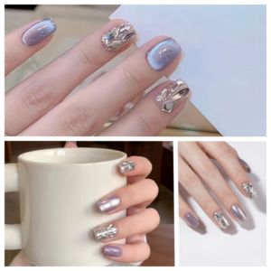 <span class=keywords><strong>Ongles</strong></span> à presser en acrylique dégradé pleine couverture, style français, motif ciel étoilé violet, incrustés à la main, avec <span class=keywords><strong>colle</strong></span> pour doigts - Product Image 5