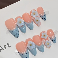 Faux ongles à presser faits main, motif floral, couvrance totale, design brillant à pois pour les doigts