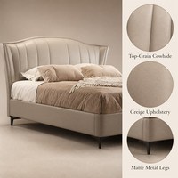 Luxuriöses Polsterbett mit Flügelkopfteil, Oberseite aus Leder, Cremeweiß, Moderne Schlafzimmermöbel, Nachttisch, Holzrahmen