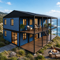 Approvisionnement B2B : Maison modulaire à deux étages bleu océan avec terrasse. Structure anti-corrosion, idéale pour les centres de villégiature insulaires côtiers.