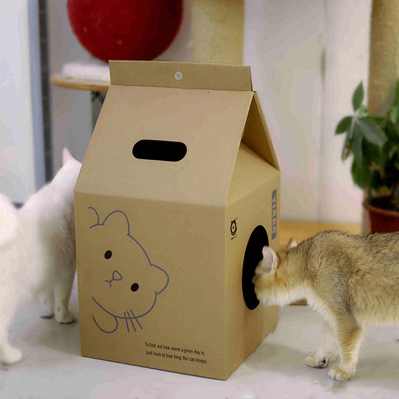 Cute Milk Carton Cat House Corrugated Cardboard Hideaway with Cat Face ...