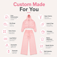 Ensemble de survêtement deux pièces décontracté et léger pour femme, rose pâle, avec sweat à capuche court zippé et pantalon large, personnalisable, vente en gros
