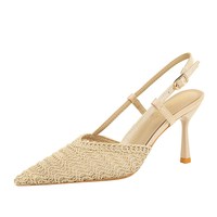 8718-A10 Chaussures d'été élégantes pour femme, style européen et américain, à bride unique, bout pointu, talon aiguille, slingback, haut de gamme, en maille tressée