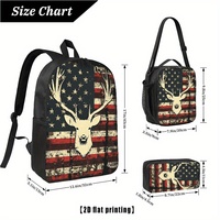 Sac à dos Oxford unisexe à motif géométrique drapeau américain vintage, ensemble de 3 pièces avec bretelles arquées et boîte à lunch scolaire – Vente en gros