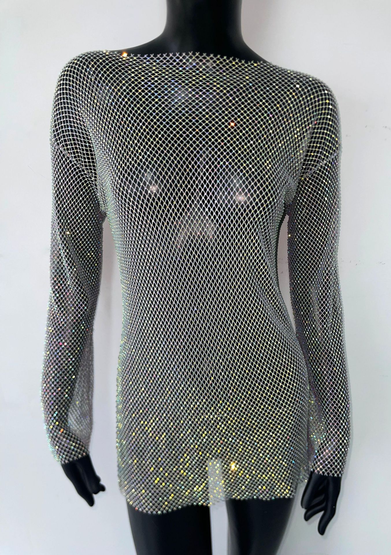women's black mesh dress Long Sleeve Mesh Ruched Dress