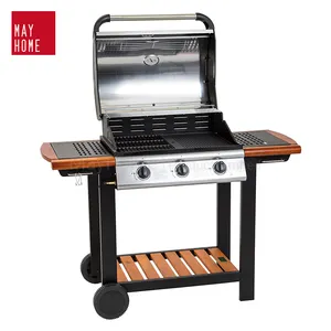 Hot selling gas barbecue outdoor grilling with wooden side table BBQ 3 burner gas grill