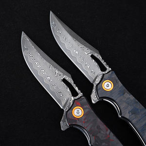 Pisau taktis baja Damaskus pisau lipat luar ruangan gagang serat karbon merah GT-DM026 - Product Image 5