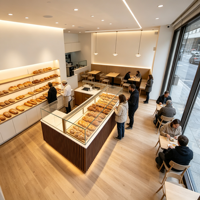 Hochwertige Multifunktionale Bäckerei-Brotvitrine LED Luxuriöse Gebogene Holz-Aluminium-Vitrine Kommerzielle Einzelhandels-Ausstellungsvitrine