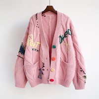 Cardigan de Noël brodé à la mode personnalisé pour femmes automne et hiver vêtements d'extérieur en tricot ample avec décoration de bouton