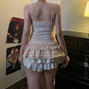 Pink Cute Striped Knitted <strong>Longline</strong> Sweet Camisole Front Breathable Plus Size Tank Top Ruffle Hem Loose Fit Sleeveless Blouse - Product Image 6