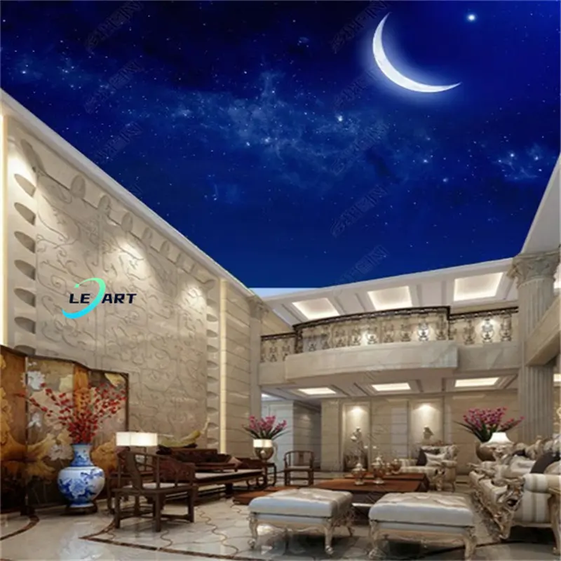 3D Luna Llena cielo nocturno iluminación lamina paneles de PVC papel tapiz de techo para decoración del hogar de lujo