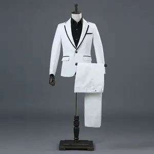 Men's bordered host's performance suit long sleeve stage singer suit black and white gold Photo dress