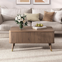 Table basse relevable avec étagère de rangement et compartiment caché, table à manger rectangulaire cannelée de style moderne du milieu du siècle pour le salon