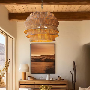 Lampadario a Tamburo Grande in Corda di Canapa Antigua, Moderno e Lussuoso, Personalizzabile, con Attacco E26, Altezza Regolabile, Lampada a Sospensione per Interni che Protegge gli Occhi - Product Image 5