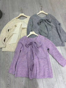 Women's Oversized Bow-Tie Ribbed Knit Sweater - Casual Sweet <b>Jumper</b> Fashion - Product Image 4