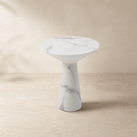 Table basse moderne en marbre artificiel finition mate, base ronde en pierre artificielle, piétement fin, personnalisable OBM