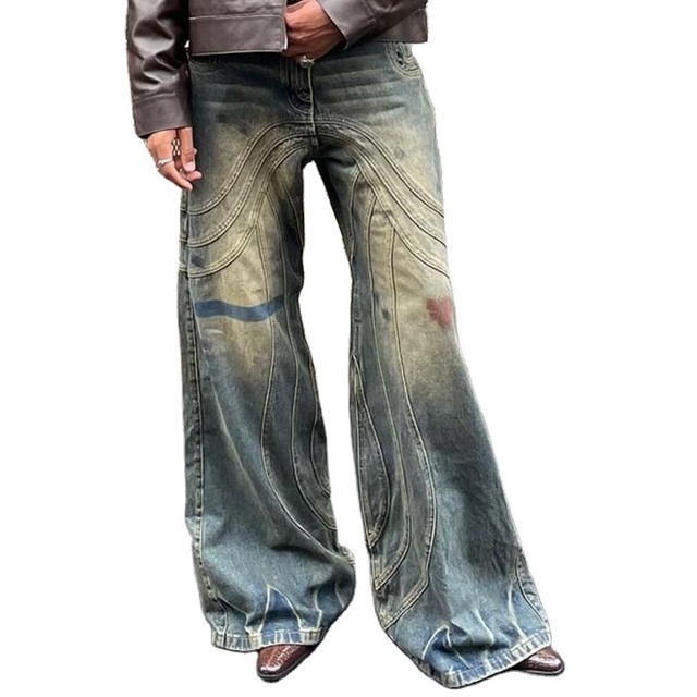 EDGE DENIM Designer Vintage Acid Wash Wide Leg Tie Dye Flare Streetwear Custom Baggy Jeans Y2K Men