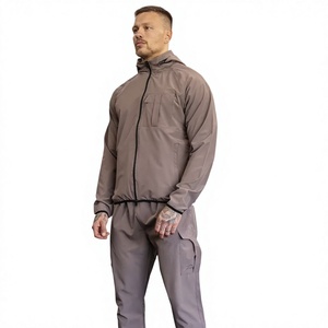 Ensemble de survêtement à capuche pour homme, gris uni, en polyester tricoté, vêtements décontractés d'extérieur, veste et pantalon respirants et coupe-vent pour l'automne - Product Image 1