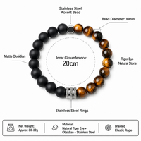 Bracelet en œil de tigre, obsidienne mate et pierre de lave pour homme, avec entretoise en acier inoxydable, protection énergétique, extensible, cadeau, vente en gros