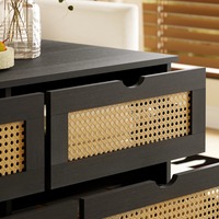 Table basse en bois rustique en rotin noir avec quatre tiroirs Table à cocktail moderne Table de rangement pour salon