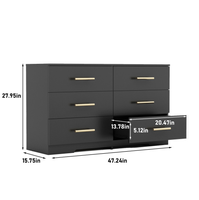 Commode moderne à 6 tiroirs, noire, éclairée, avec poignées dorées (miroir non inclus) pour chambre à coucher, usage hôtelier