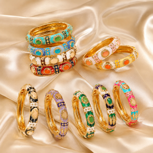กำไลข้อมือแบบเปิดได้ ขายส่ง ประดับเคลือบโคลอซอนน์ โลหะผสมสังกะสี ชุบทอง ลายเรขาคณิต สีสันตัดกัน แบบมีบานพับ สไตล์ชาติพันธุ์สำหรับผู้หญิง - Product Image 5