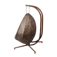 Fauteuil suspendu double ovale en rotin marron moderne pour jardin, porche ou terrasse, avec support