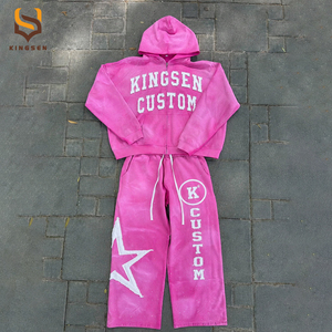 Custom Men Tracksuit Custom Logo Distressed Applique Embroidery Mens Sportswear Tracksuit Cotton Sweatsuit Hoodie <b>Sweatpants</b> <b>Set</b> - Product Image 1